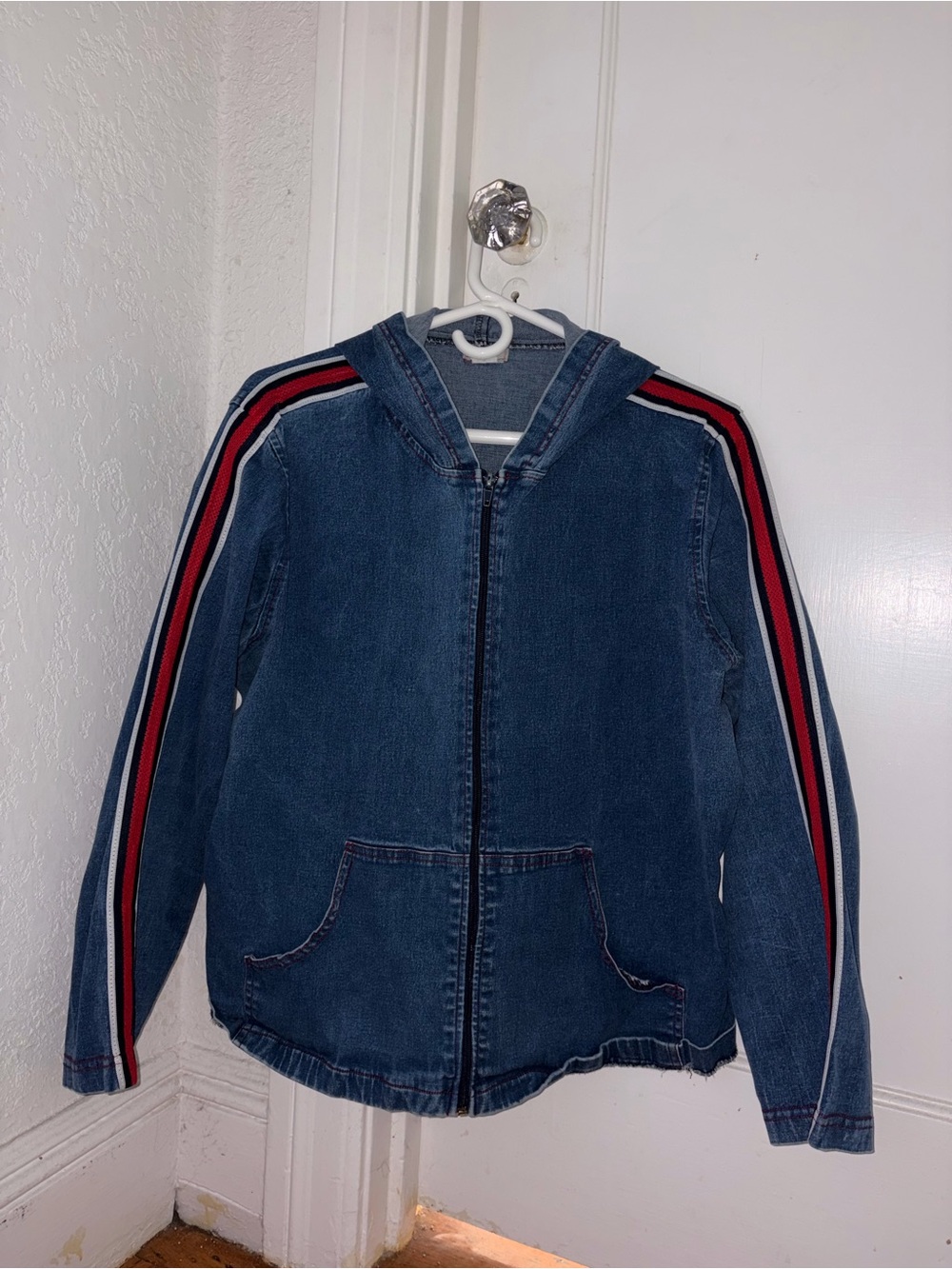 Denim Hooded Jean Jacket with Red-Striped Sleeves (Lightweight)